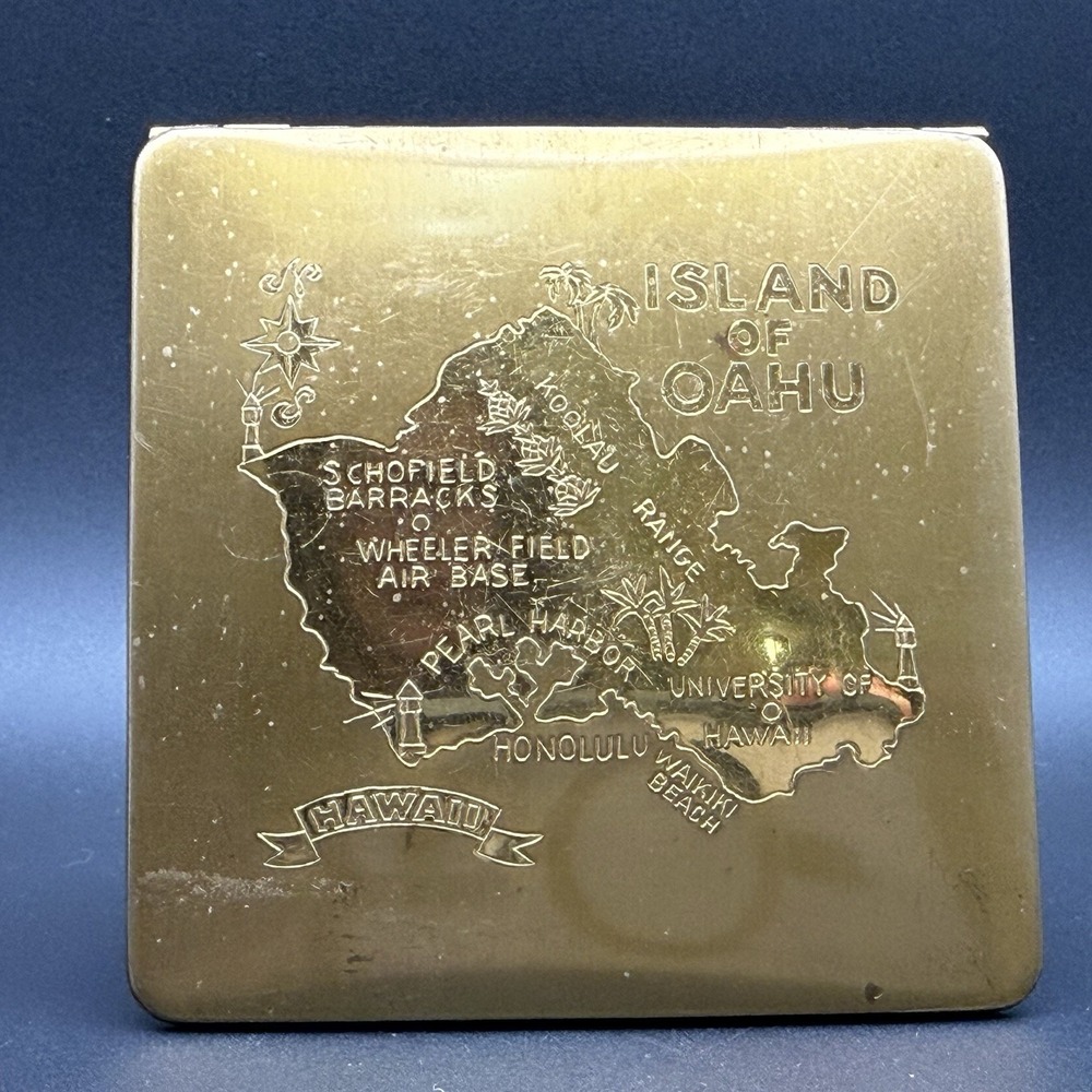Vintage Island of Oahu Hawaii Brass Powder Compact Mirror Pearl Harbor Souvenir